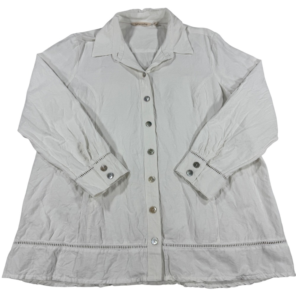Soft Surroundings Linen Blend Lace Trim White Button Down Shirt Women's XL Boho